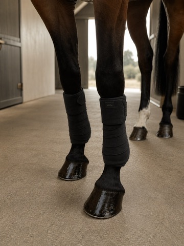 Dark horse legs in black polo wraps standing on a stable floor.